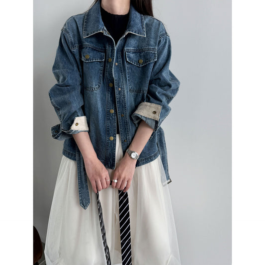 Retro washed denim women's fitted jacket