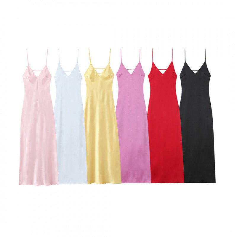 Sleeveless Backless Silk Satin Midi Dress