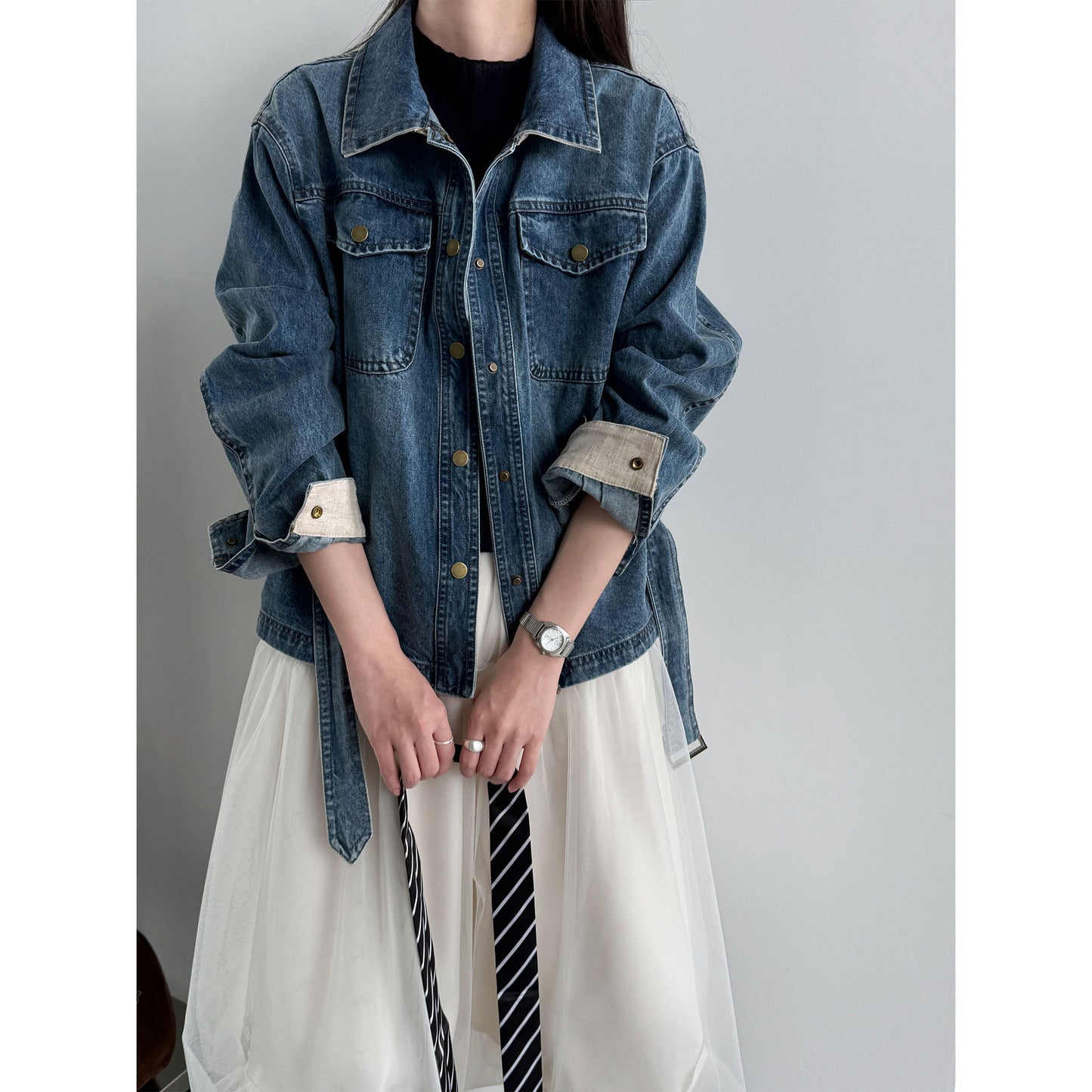 Retro washed denim women's fitted jacket