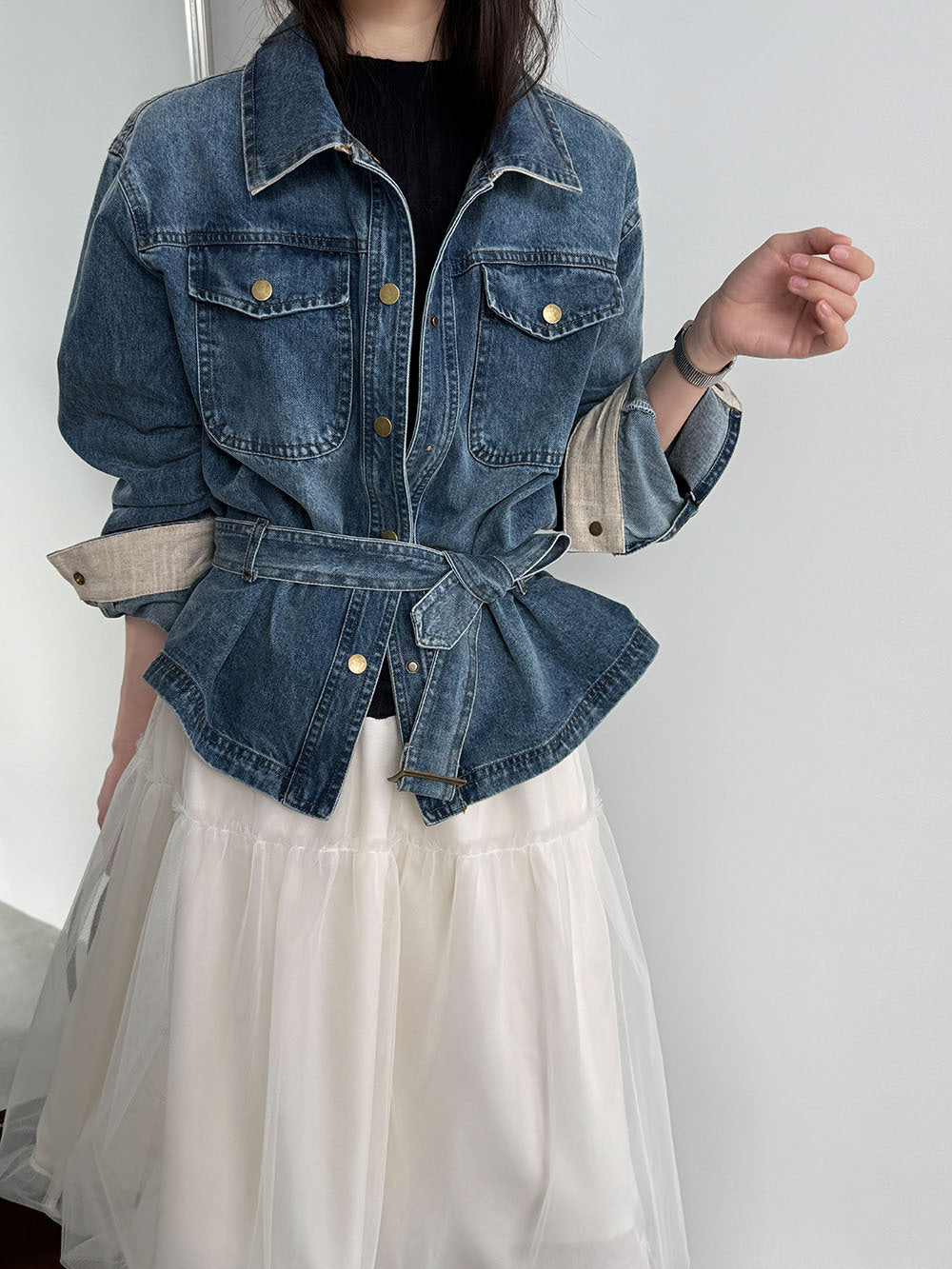Retro washed denim women's fitted jacket